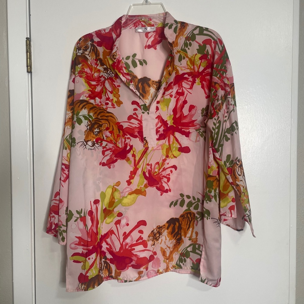Natori Women Pink Floral Tiger Print Split Neck Tunic Top Large Long Sleeve